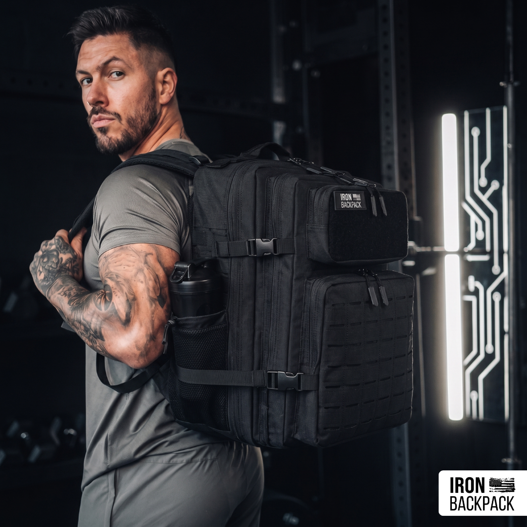 Man wearing the IronBackpack Pro 45L, one bag for work and gym