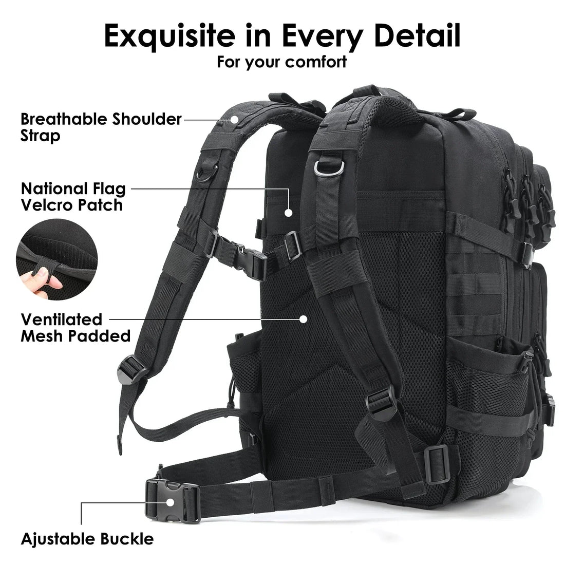 MOLLE modular webbing system with attachable pouches on a tactical backpack
