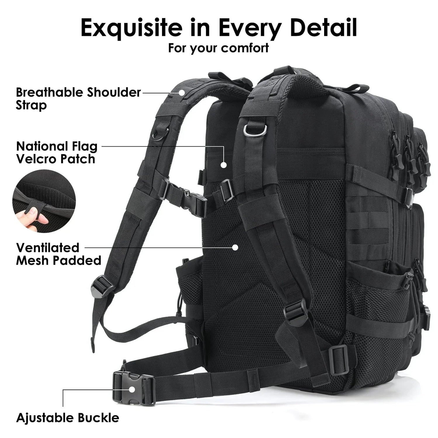 MOLLE modular webbing system with attachable pouches on a tactical backpack
