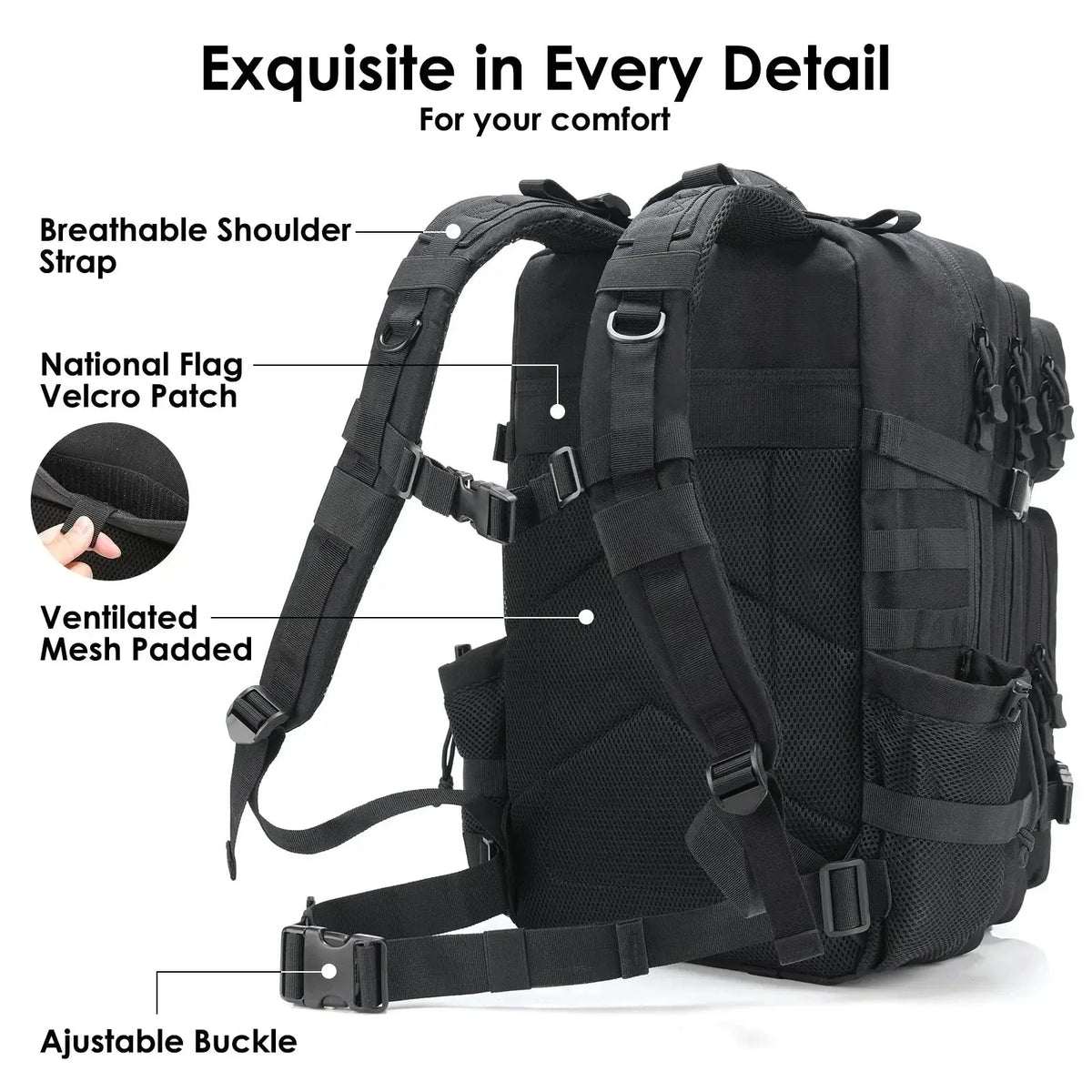 MOLLE modular webbing system with attachable pouches on a tactical backpack