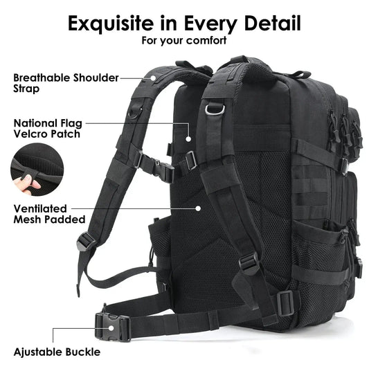 MOLLE modular webbing system with attachable pouches on a tactical backpack
